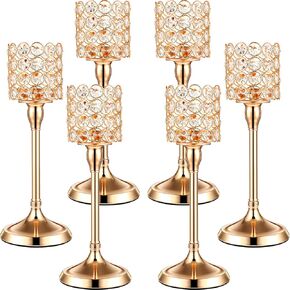 6 Pcs Gold Crystal Cylinder Candle Holders Tall Candlestick Holders 12 Inch Tea Light Candle Stand Fireplace Candelabra Tables Centerpieces for Christmas Holiday Wedding Dining Home Party Decor