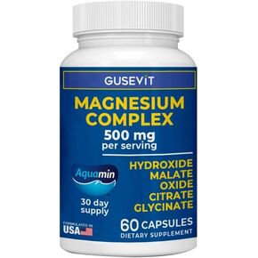 5-in-1 Gusevit Magnesium Complex, Aquamin Magnesium Hydroxide, Malate, Oxide, Citrate, Glycinate, 60 Capsules, 30 Days Supply,