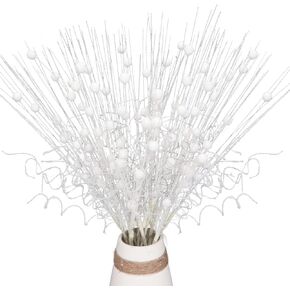 16Pcs Glitter Christmas Tree Picks Curly Sprays Sparkle Artificial Berry Stems Twigs 17" Ting Branches Vase Fillers Decorative Sticks for Xmas Tree Decorations Winter Wreath DIY Crafts (16, White)