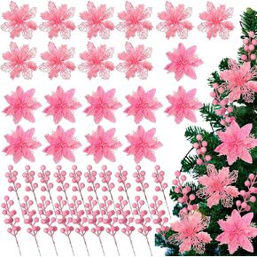 60 Pcs 6 Styles Christmas Glitter Berries Stems with Clip Christmas Artificial Poinsettia Flowers Christmas Tree Picks for Christmas Tree Ornaments DIY Xmas Wreath Crafts Holiday Decor(Red)