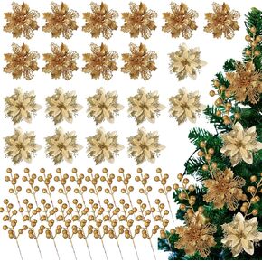 60 Pcs 6 Styles Christmas Glitter Berries Stems with Clip Christmas Artificial Poinsettia Flowers Christmas Tree Picks for Christmas Tree Ornaments DIY Xmas Wreath Crafts Holiday Decor(Red) in Kuwait