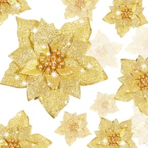 WILLBOND 36 Pieces Christmas Glitter Poinsettia Faux Flowers Christmas Flowers Decorations Wedding Xmas Tree New Year Ornaments(Gold)