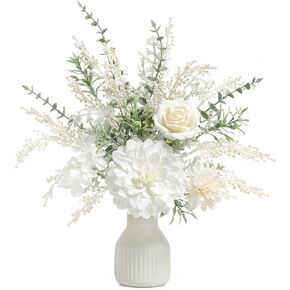 Artificial Flowers in Ceramic Vase, White Faux Flowers with Vase,Centerpieces Coffee Table Decor, Silk Flower Arrangements for Home,Living Room Bathroom Dining Room Kitchen Wedding Decor