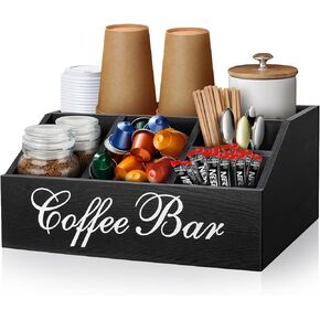 Coffee Station Organizer Coffee Pods Holder for Counter, Wood Coffee and Tea Condiment Storage Organizer, Farmhouse Coffee Accessories Basket for Coffee Bar Decor
