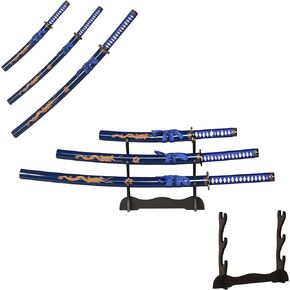 Japan Iaido Samurai Sword Handmade Set Genuine, 1045/1060 High Carbon Steel Hardened and Forged 3-Piece Set, Full Tang Sword with Display Holder, Three Styles to Choose from