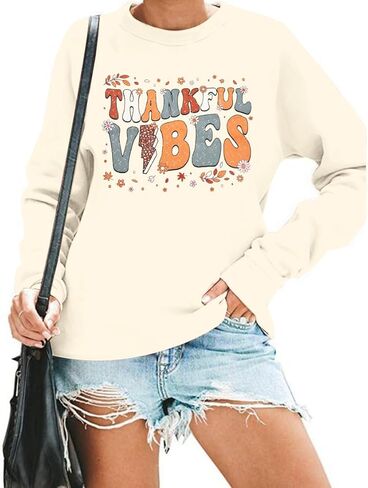 سترة MOUSYA Thanksful Vibes للسيدات بلوزات ملونة مطبوعة عليها حروف الشكر للخريف بأكمام طويلة in Kuwait