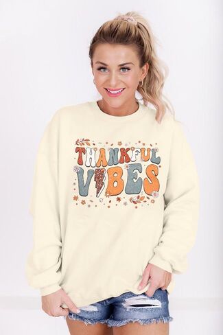 سترة MOUSYA Thanksful Vibes للسيدات بلوزات ملونة مطبوعة عليها حروف الشكر للخريف بأكمام طويلة in Kuwait