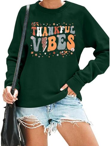 MOUSYA Thankful Vibes Sweatshirt for Women Colorful Letter Print Thanksgiving Sweatshirts Fall Long Sleeve Pullover Tops in Saudi Arabia