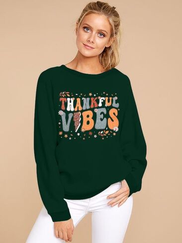 MOUSYA Thankful Vibes Sweatshirt for Women Colorful Letter Print Thanksgiving Sweatshirts Fall Long Sleeve Pullover Tops in Saudi Arabia