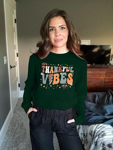 MOUSYA Thankful Vibes Sweatshirt for Women Colorful Letter Print Thanksgiving Sweatshirts Fall Long Sleeve Pullover Tops in Saudi Arabia