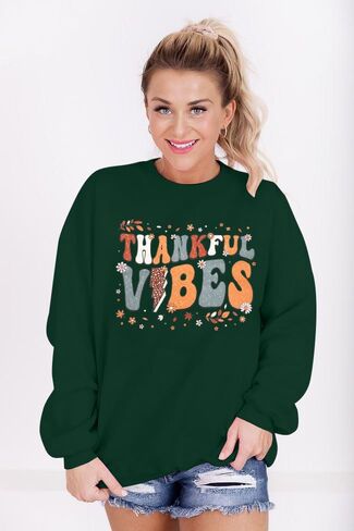 MOUSYA Thankful Vibes Sweatshirt for Women Colorful Letter Print Thanksgiving Sweatshirts Fall Long Sleeve Pullover Tops in Saudi Arabia