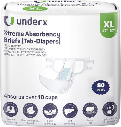 UnderX Disposable Tabbed Briefs - Xtreme Absorbency Incontinence Underwear, Superior Fit with X-Large 80 Count in Saudi Arabia