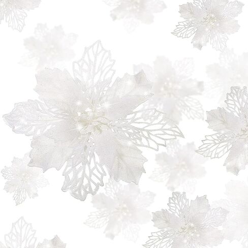 WILLBOND 36 Pieces Christmas Glitter Poinsettia Flowers Glitter Christmas Tree Ornaments Artificial Poinsettia Flowers for Wedding Christmas Wreath Tree Decoration (White) in Kuwait