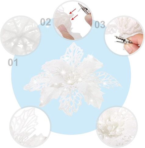 WILLBOND 36 Pieces Christmas Glitter Poinsettia Flowers Glitter Christmas Tree Ornaments Artificial Poinsettia Flowers for Wedding Christmas Wreath Tree Decoration (White) in Kuwait