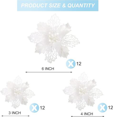 WILLBOND 36 Pieces Christmas Glitter Poinsettia Flowers Glitter Christmas Tree Ornaments Artificial Poinsettia Flowers for Wedding Christmas Wreath Tree Decoration (White) in Kuwait