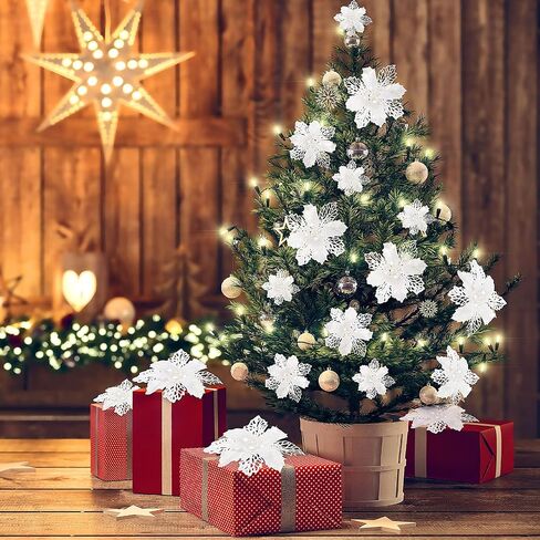 WILLBOND 36 Pieces Christmas Glitter Poinsettia Flowers Glitter Christmas Tree Ornaments Artificial Poinsettia Flowers for Wedding Christmas Wreath Tree Decoration (White) in Kuwait
