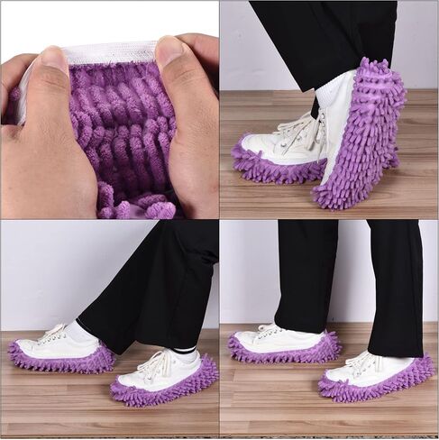MECCANIXITY Washable Cleaning Shoes Cover Multifunction Chenille Duster Mop Slippers Foot Socks for House Floor, Pack of 4 Purple in Saudi Arabia