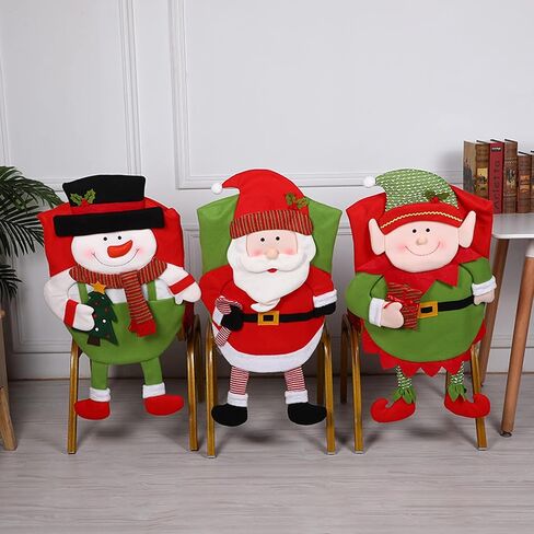 Christmas Chair Back Covers Set of 6, Cute Santa Claus Snowman Elf Xmas Dinner Chair Cover, Kitchen Dining Chair Slipcovers for Dining Room Christmas Holiday Decor in Saudi Arabia