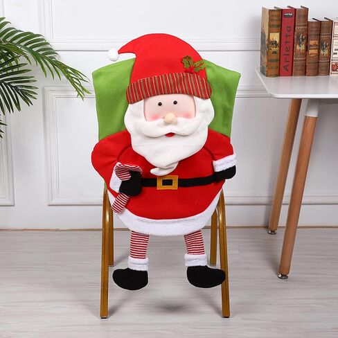 Christmas Chair Back Covers Set of 6, Cute Santa Claus Snowman Elf Xmas Dinner Chair Cover, Kitchen Dining Chair Slipcovers for Dining Room Christmas Holiday Decor in Saudi Arabia