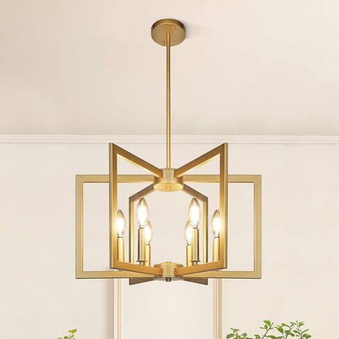 6-Light Gold Pendant Light, Modern Farmhouse Dining Room Light Fixtures Over Table, Industrial Metal Geometric Kitchen Chandelier for Entryway Hallway Foyer Bedroom in Saudi Arabia