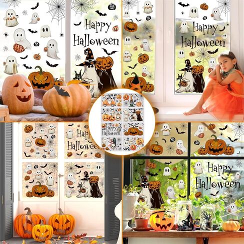8 Sheets Halloween Window Clings Vintage Pumpkin Devil Ghost Bat Spider Vampire Witch Window Decals for Home Party Supplies Shop Window Glass Display in Saudi Arabia