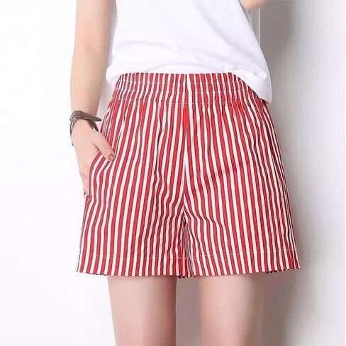 Womens Striped Print Shorts with Slant Pocket High Waist Casual Mini Shorts in Saudi Arabia