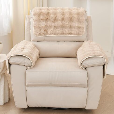 vctops 3 Pieces Faux Rabbit Fur Sofa Armrest Cover for Recliner Chair Non Slip Fluffy Furry Headrest Cover Soft Fuzzy Couch Cover for Dogs Washable Furniture Protector (Khaki,1 Seat) in Saudi Arabia