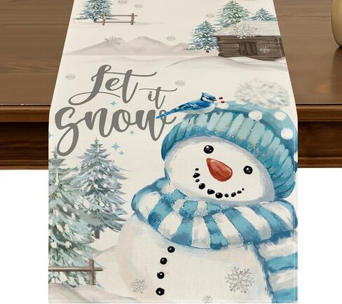 Let It Snow Blue Snowman Winter Christmas Table Runner 13x72 Inch Seasonal Xmas Trees Kitchen Dining Table Decor for Indoor Outdoor Farmhouse Home Party Decoration ZQ71 in Kuwait