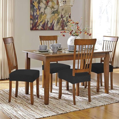 أغطية مقاعد كراسي الطعام مجموعة من 4 أغطية كراسي جاكار مطاطية مقاومة للماء باللون الأسود لعيد الميلاد، قابلة للإزالة والغسل، واقيات كراسي المطبخ لغرفة الطعام (أسود) in Kuwait