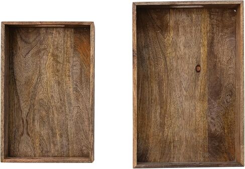 Creative Co-Op Decorative Carved Mango Wood Trays with Handles and Diamond Pattern, Natural, Set of 2 in Saudi Arabia