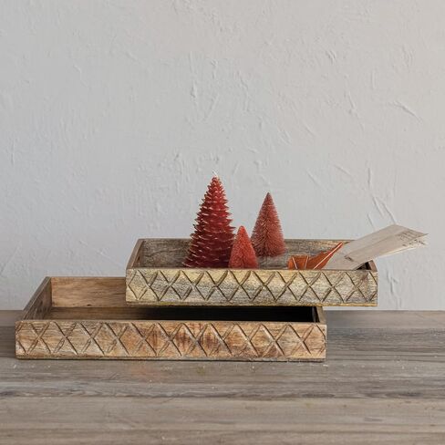Creative Co-Op Decorative Carved Mango Wood Trays with Handles and Diamond Pattern, Natural, Set of 2 in Saudi Arabia