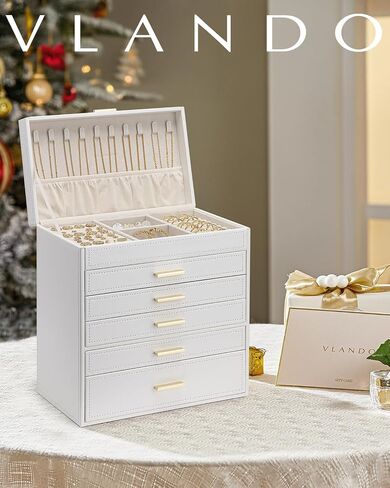 Vlando 6 Layer Large Jewelry Box - Jewelry Holder Organizer, Jewelry Box Organizer for Drawer Necklace Ring Bracelet and Watch, Birthday Gift for Loved Ones - White in Kuwait