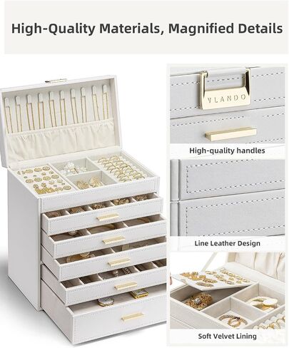 Vlando 6 Layer Large Jewelry Box - Jewelry Holder Organizer, Jewelry Box Organizer for Drawer Necklace Ring Bracelet and Watch, Birthday Gift for Loved Ones - White in Kuwait