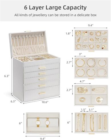 Vlando 6 Layer Large Jewelry Box - Jewelry Holder Organizer, Jewelry Box Organizer for Drawer Necklace Ring Bracelet and Watch, Birthday Gift for Loved Ones - White in Kuwait