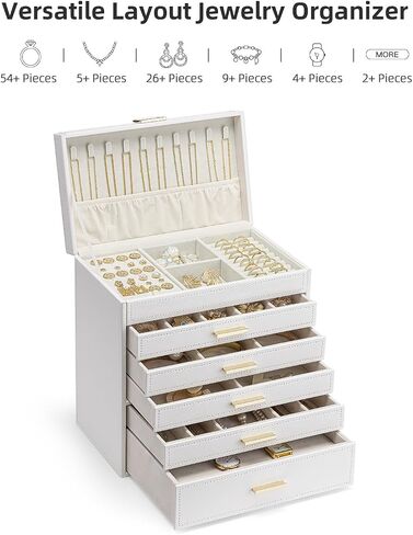 Vlando 6 Layer Large Jewelry Box - Jewelry Holder Organizer, Jewelry Box Organizer for Drawer Necklace Ring Bracelet and Watch, Birthday Gift for Loved Ones - White in Kuwait