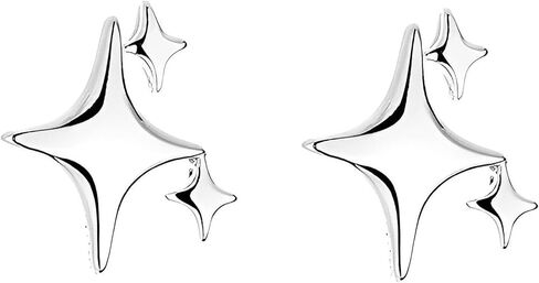 زوجان من الاقراط الفضية على شكل نجمة للبنات والنساء، اقراط من الفضة الاسترلينية 925 بتصميم انيق على شكل نجوم صغيرة باربعة مدببة | اقراط صغيرة لطيفة للنساء، ستانلس ستيل، بدون احجار كريمة in Kuwait