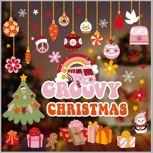 Pasimy Christmas Window Clings Groovy Christmas Window Stickers Christmas Decal Clings for Glass Window Door Xmas Holiday Window Decorations for Home Office Party Ornaments in Saudi Arabia