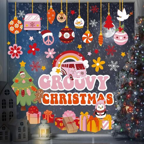 Pasimy Christmas Window Clings Groovy Christmas Window Stickers Christmas Decal Clings for Glass Window Door Xmas Holiday Window Decorations for Home Office Party Ornaments in Saudi Arabia