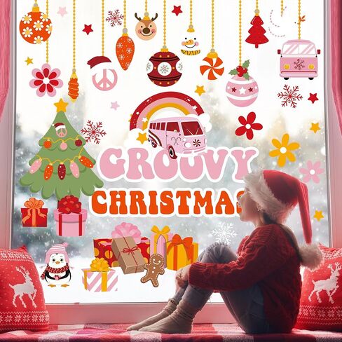 Pasimy Christmas Window Clings Groovy Christmas Window Stickers Christmas Decal Clings for Glass Window Door Xmas Holiday Window Decorations for Home Office Party Ornaments in Saudi Arabia