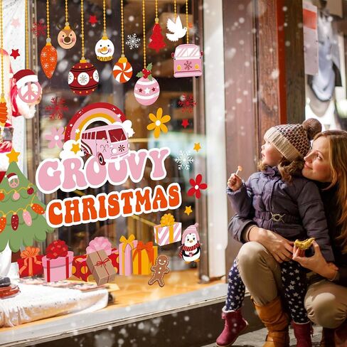 Pasimy Christmas Window Clings Groovy Christmas Window Stickers Christmas Decal Clings for Glass Window Door Xmas Holiday Window Decorations for Home Office Party Ornaments in Saudi Arabia