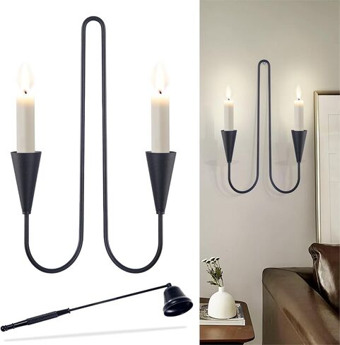 Double Armed Candle Sconce Holder, Set of 2 Wall Candle Holders with Candle Snuffer, Modern Wall Iron Candle Sconces Hanging Decorations for Living Room, Farmhouse, Fireplace, Wedding(Black) in Saudi Arabia