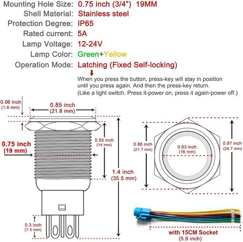 3 Pack 19mm Two Colors Self-Locking Metal Push Button Switch with Pre-Wired Stainless Steel Red Green Swap 12V 24 Volt 5A LED Waterproof Latching 7 Pin Switch for Car Boat (Red and Green) in Saudi Arabia