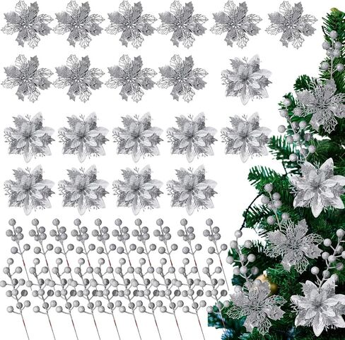 60 Pcs 6 Styles Christmas Glitter Berries Stems with Clip Christmas Artificial Poinsettia Flowers Christmas Tree Picks for Christmas Tree Ornaments DIY Xmas Wreath Crafts Holiday Decor(Red) in Kuwait