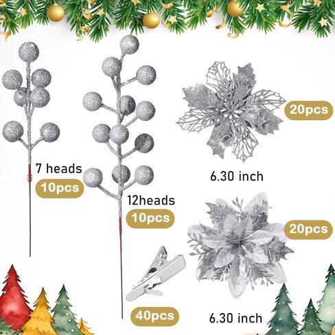 60 Pcs 6 Styles Christmas Glitter Berries Stems with Clip Christmas Artificial Poinsettia Flowers Christmas Tree Picks for Christmas Tree Ornaments DIY Xmas Wreath Crafts Holiday Decor(Red) in Kuwait