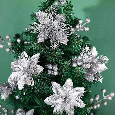 60 Pcs 6 Styles Christmas Glitter Berries Stems with Clip Christmas Artificial Poinsettia Flowers Christmas Tree Picks for Christmas Tree Ornaments DIY Xmas Wreath Crafts Holiday Decor(Red) in Kuwait