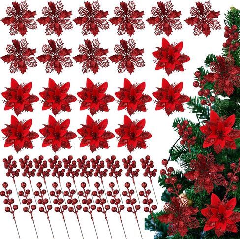 60 Pcs 6 Styles Christmas Glitter Berries Stems with Clip Christmas Artificial Poinsettia Flowers Christmas Tree Picks for Christmas Tree Ornaments DIY Xmas Wreath Crafts Holiday Decor(Red) in Kuwait