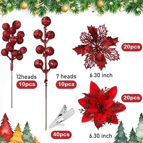 60 Pcs 6 Styles Christmas Glitter Berries Stems with Clip Christmas Artificial Poinsettia Flowers Christmas Tree Picks for Christmas Tree Ornaments DIY Xmas Wreath Crafts Holiday Decor(Red) in Kuwait