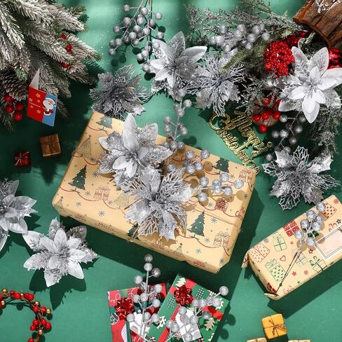60 Pcs 6 Styles Christmas Glitter Berries Stems with Clip Christmas Artificial Poinsettia Flowers Christmas Tree Picks for Christmas Tree Ornaments DIY Xmas Wreath Crafts Holiday Decor(Red) in Kuwait