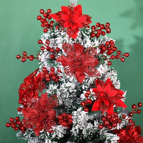 60 Pcs 6 Styles Christmas Glitter Berries Stems with Clip Christmas Artificial Poinsettia Flowers Christmas Tree Picks for Christmas Tree Ornaments DIY Xmas Wreath Crafts Holiday Decor(Red) in Kuwait