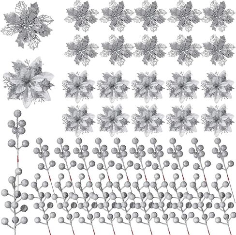 60 Pcs 6 Styles Christmas Glitter Berries Stems with Clip Christmas Artificial Poinsettia Flowers Christmas Tree Picks for Christmas Tree Ornaments DIY Xmas Wreath Crafts Holiday Decor(Red) in Kuwait